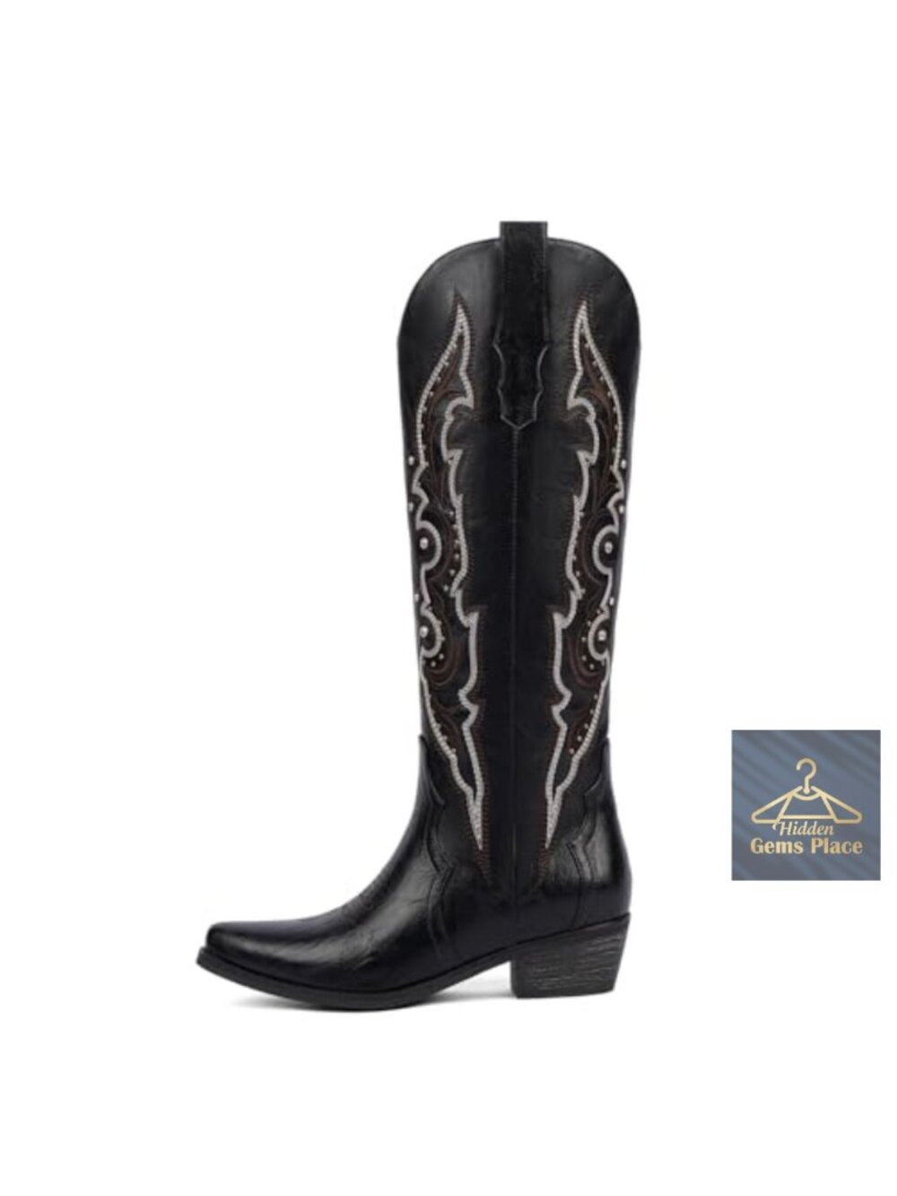 QIY Women's Knee High Cowboy Boots Faux Leather Rhinestone Embroidered Western